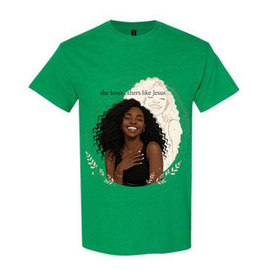 She Loves Others Like Jesus Christian T Shirt Black Woman Faith Graphic Tee Inspirational Religious Shirt Gift for Women