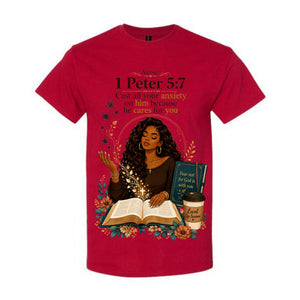 1 Peter 5 7 T Shirt Cast All Your Anxiety On Him Shirt Black Woman Christian Graphic Tee Bible Verse Shirt Faith Gift For Women