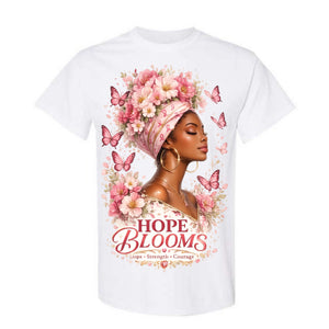 Hope Blooms T Shirt Breast Cancer Awareness Shirt Pink Ribbon Graphic Tee Floral Headwrap Woman Shirt Strength Courage Shirt Gift For Cancer Warriors