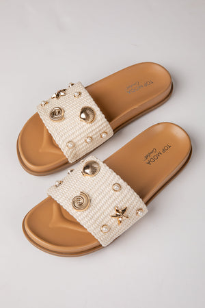 By The Shore Embellished Ivory Slide Sandals