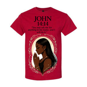 John 14 14 Christian T Shirt Black Woman Prayer Scripture Tee Faith Graphic Shirt Bible Verse Religious Gift for Women