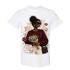 Soft Heart Sharp Mind Black Woman T Shirt Unshakable Energy Graphic Tee Stylish Afro Woman Shirt Empowering Gift for Women