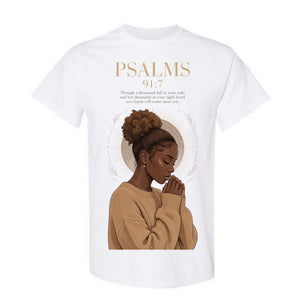 Psalms 91:7 Black Woman T Shirt Faith Graphic Tee Christian Scripture Shirt Empowering Spiritual Gift for Women