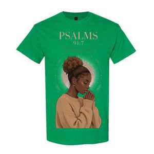 Psalms 91:7 Black Woman T Shirt Faith Graphic Tee Christian Scripture Shirt Empowering Spiritual Gift for Women