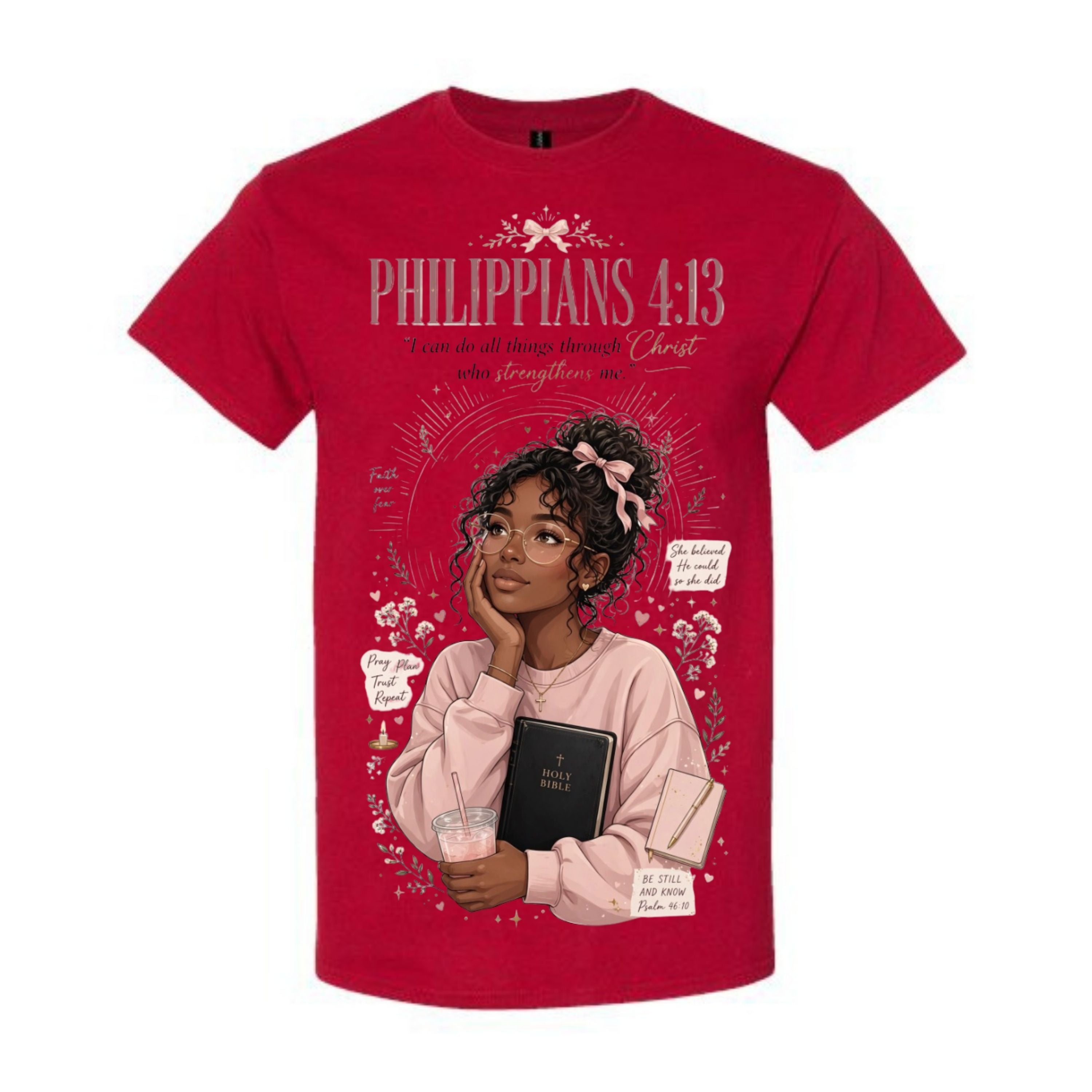 Philippians 4:13 Black Woman T Shirt Faith Graphic Tee Christian Scripture Shirt Coquette Bow Aesthetic Empowering Gift for Women