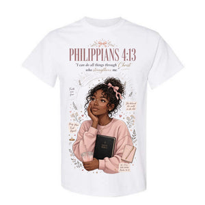 Philippians 4:13 Black Woman T Shirt Faith Graphic Tee Christian Scripture Shirt Coquette Bow Aesthetic Empowering Gift for Women