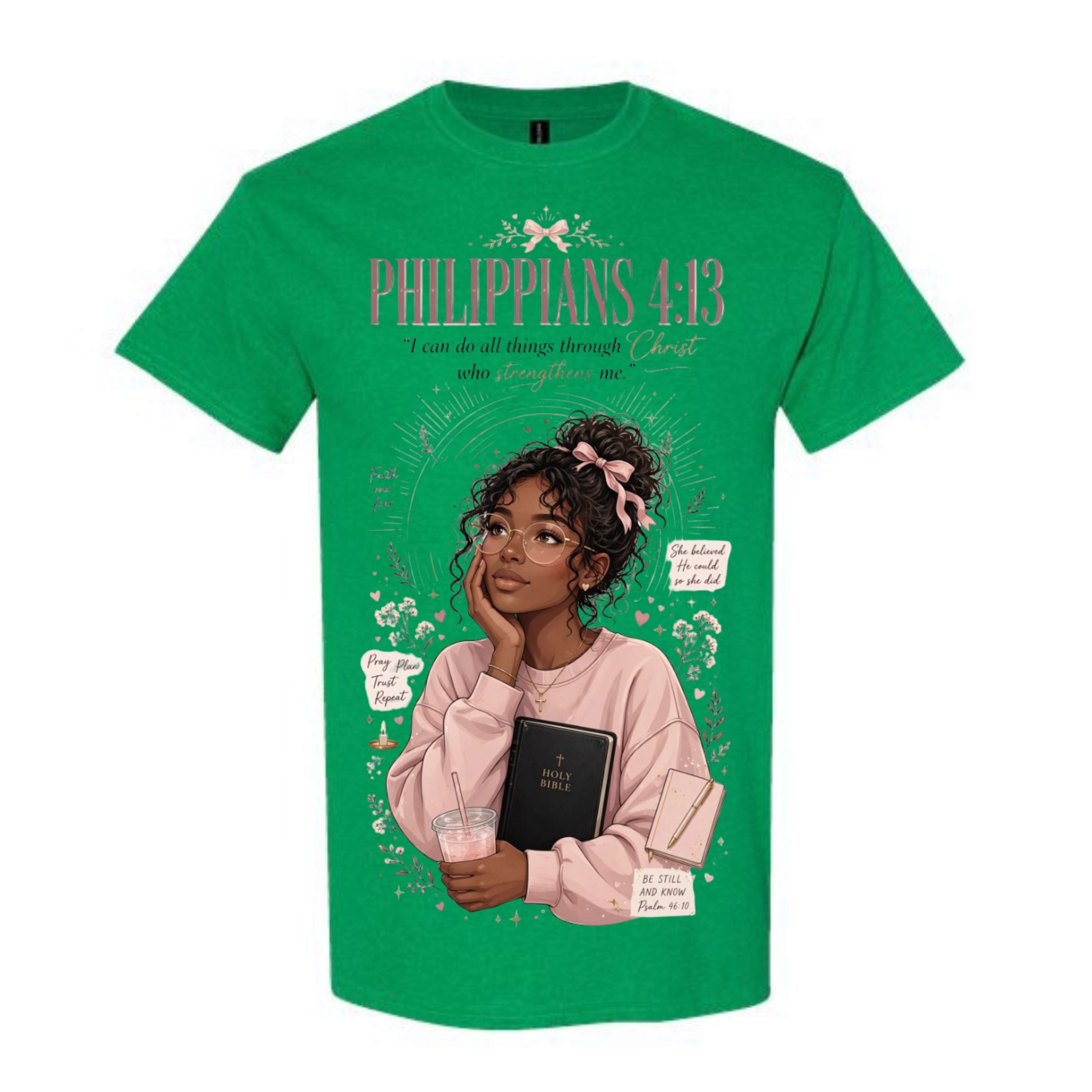 Philippians 4:13 Black Woman T Shirt Faith Graphic Tee Christian Scripture Shirt Coquette Bow Aesthetic Empowering Gift for Women
