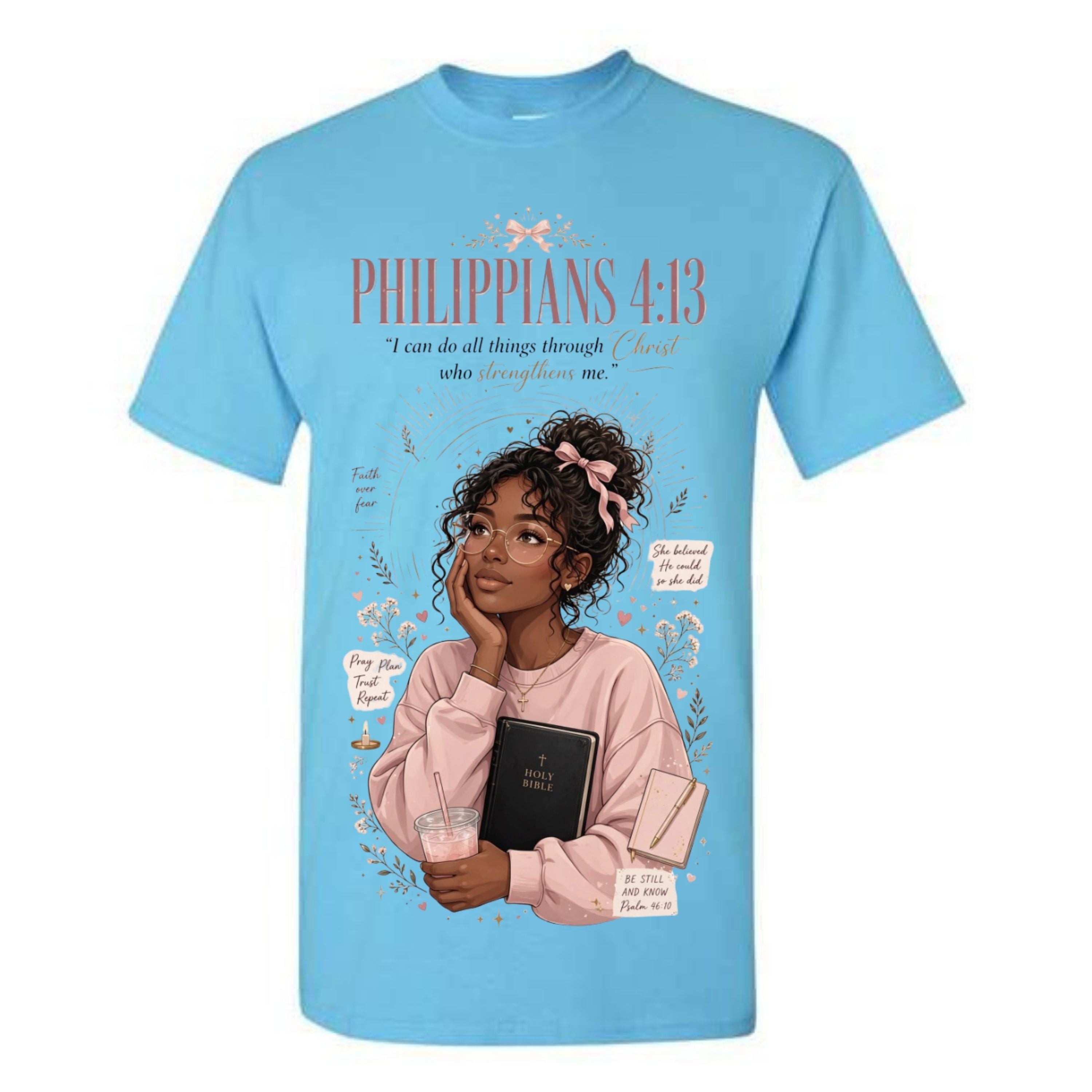 Philippians 4:13 Black Woman T Shirt Faith Graphic Tee Christian Scripture Shirt Coquette Bow Aesthetic Empowering Gift for Women