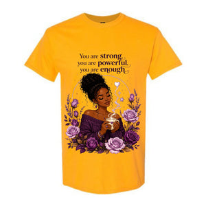 You Are Strong You Are Powerful You Are Enough T Shirt Black Woman Inspirational Graphic Tee Empowering Purple Rose Shirt Self Love Gift For Women