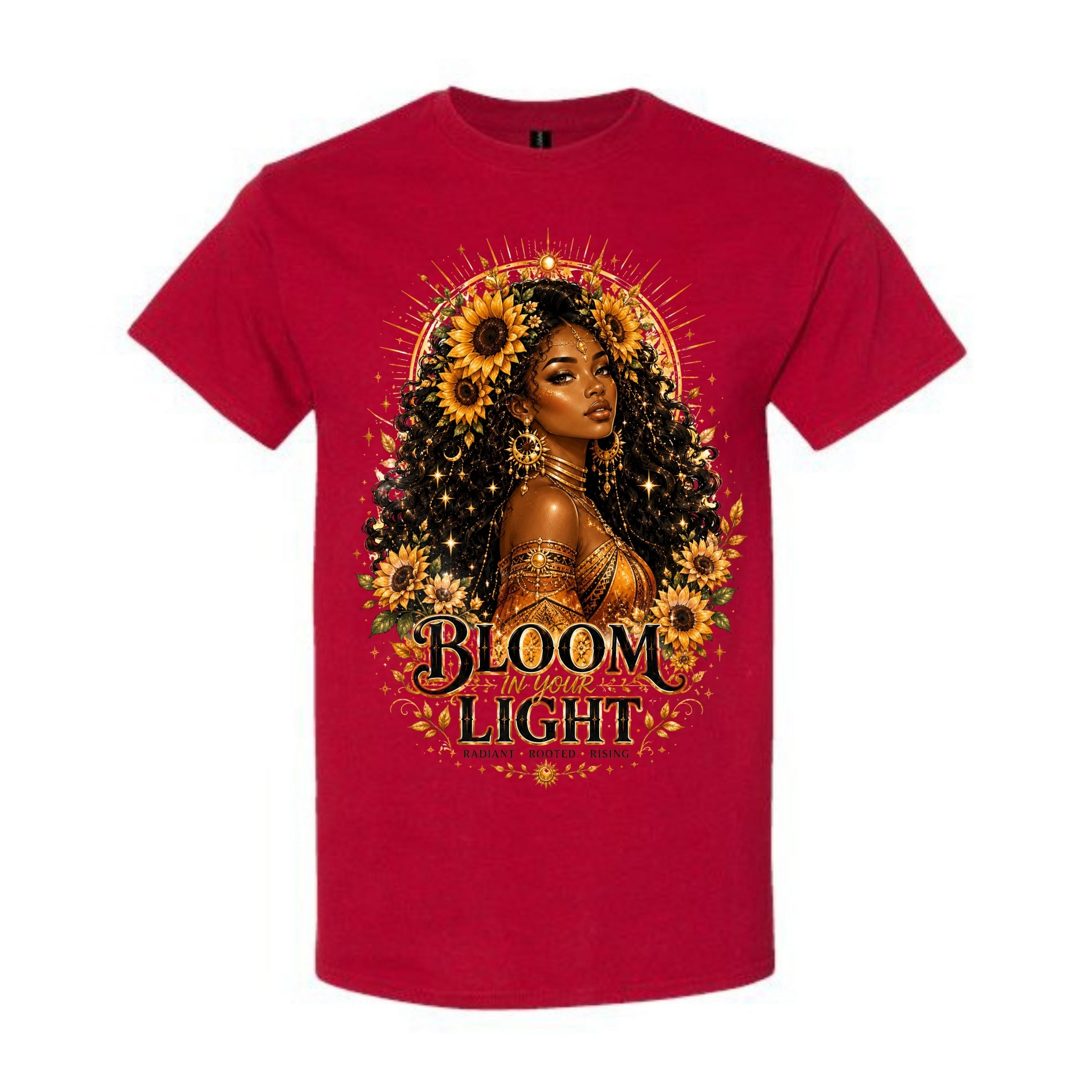 Bloom In Your Light T Shirt Sunflower Goddess Graphic Tee Golden Sunflower Girl Shirt Inspirational Boho Shirt Radiant Rooted Rising Shirt Gift For Sunflower Lovers