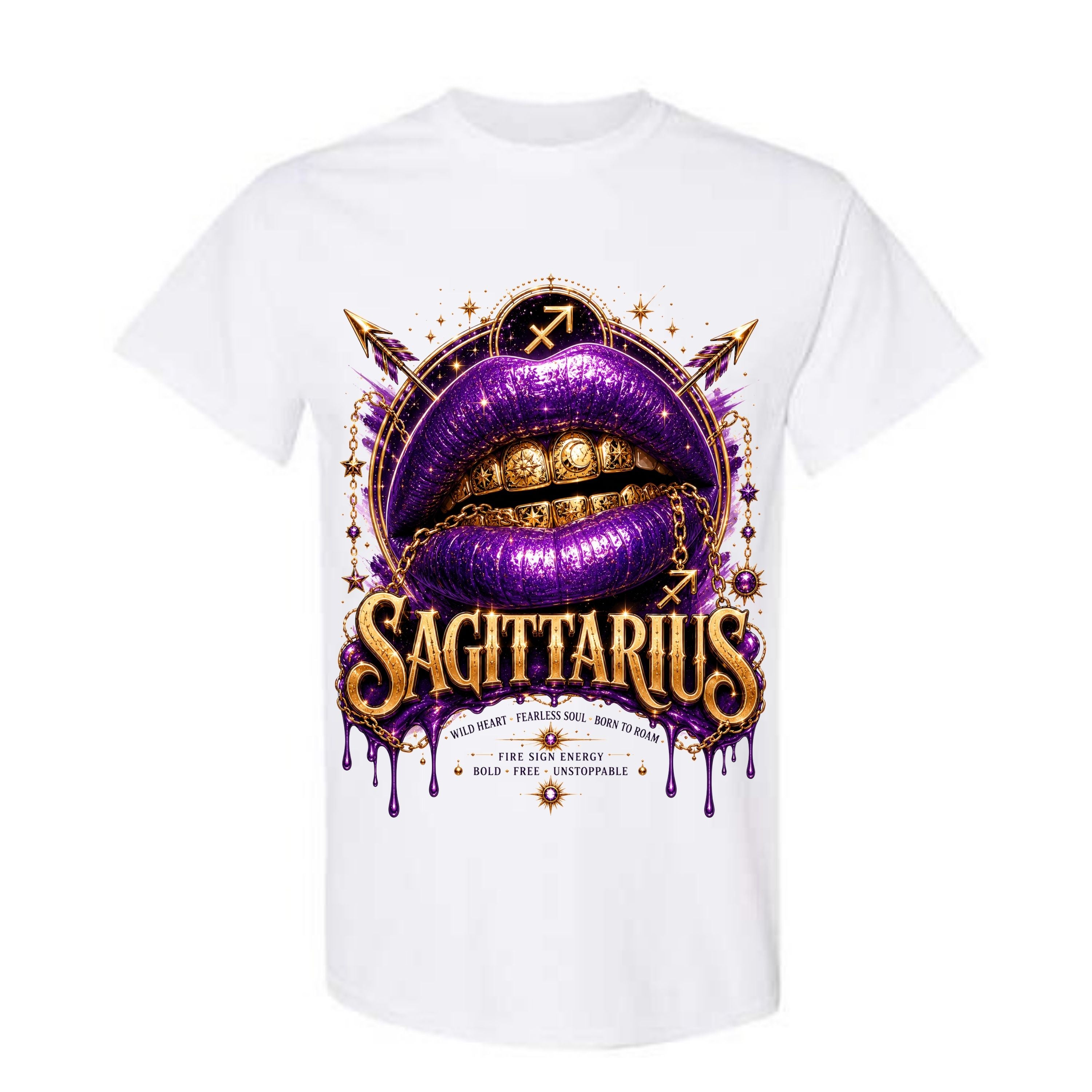 Sagittarius T Shirt Sagittarius Zodiac Graphic Tee Purple Glitter Lips Shirt Gold Grillz Zodiac Shirt Fearless Sagittarius Shirt Gift For Sagittarius Women
