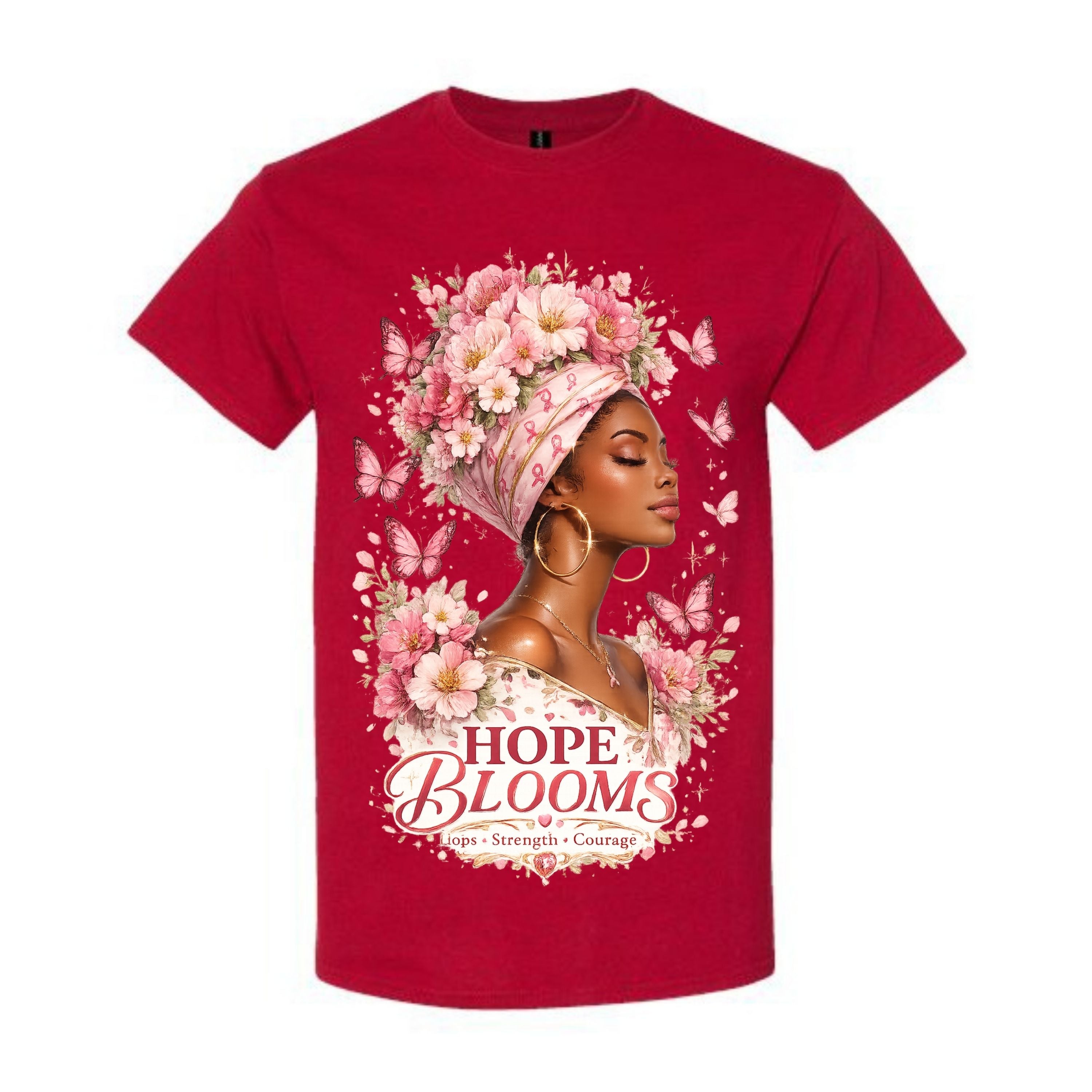 Hope Blooms T Shirt Breast Cancer Awareness Shirt Pink Ribbon Graphic Tee Floral Headwrap Woman Shirt Strength Courage Shirt Gift For Cancer Warriors