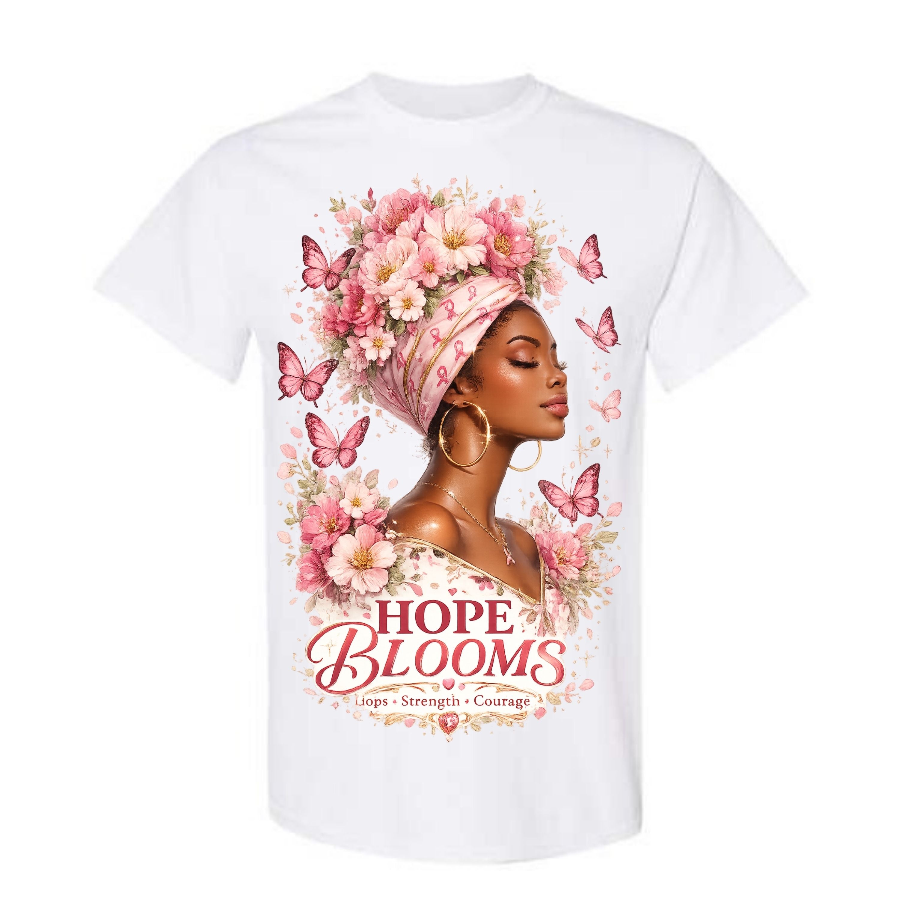 Hope Blooms T Shirt Breast Cancer Awareness Shirt Pink Ribbon Graphic Tee Floral Headwrap Woman Shirt Strength Courage Shirt Gift For Cancer Warriors