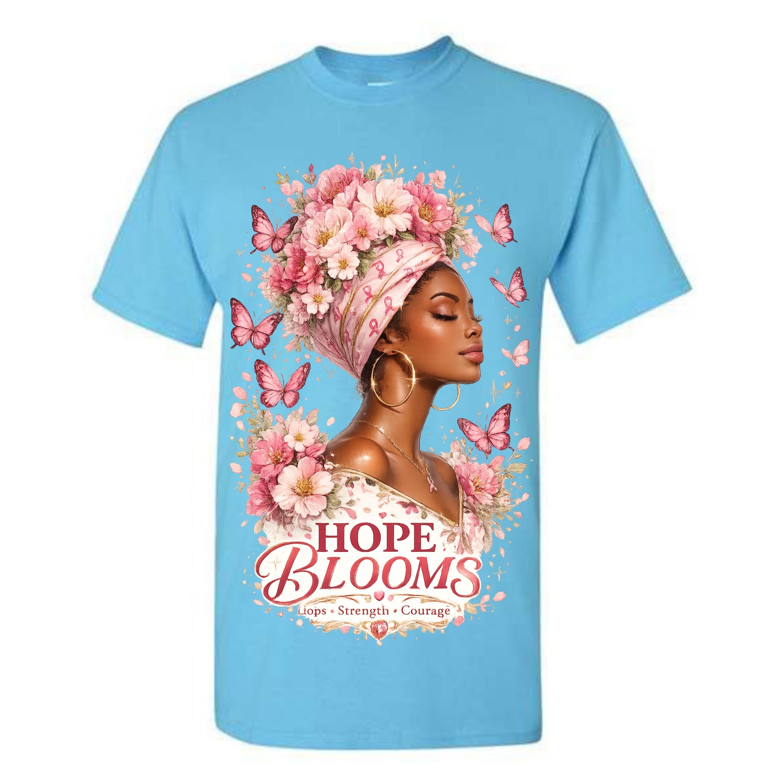 Hope Blooms T Shirt Breast Cancer Awareness Shirt Pink Ribbon Graphic Tee Floral Headwrap Woman Shirt Strength Courage Shirt Gift For Cancer Warriors