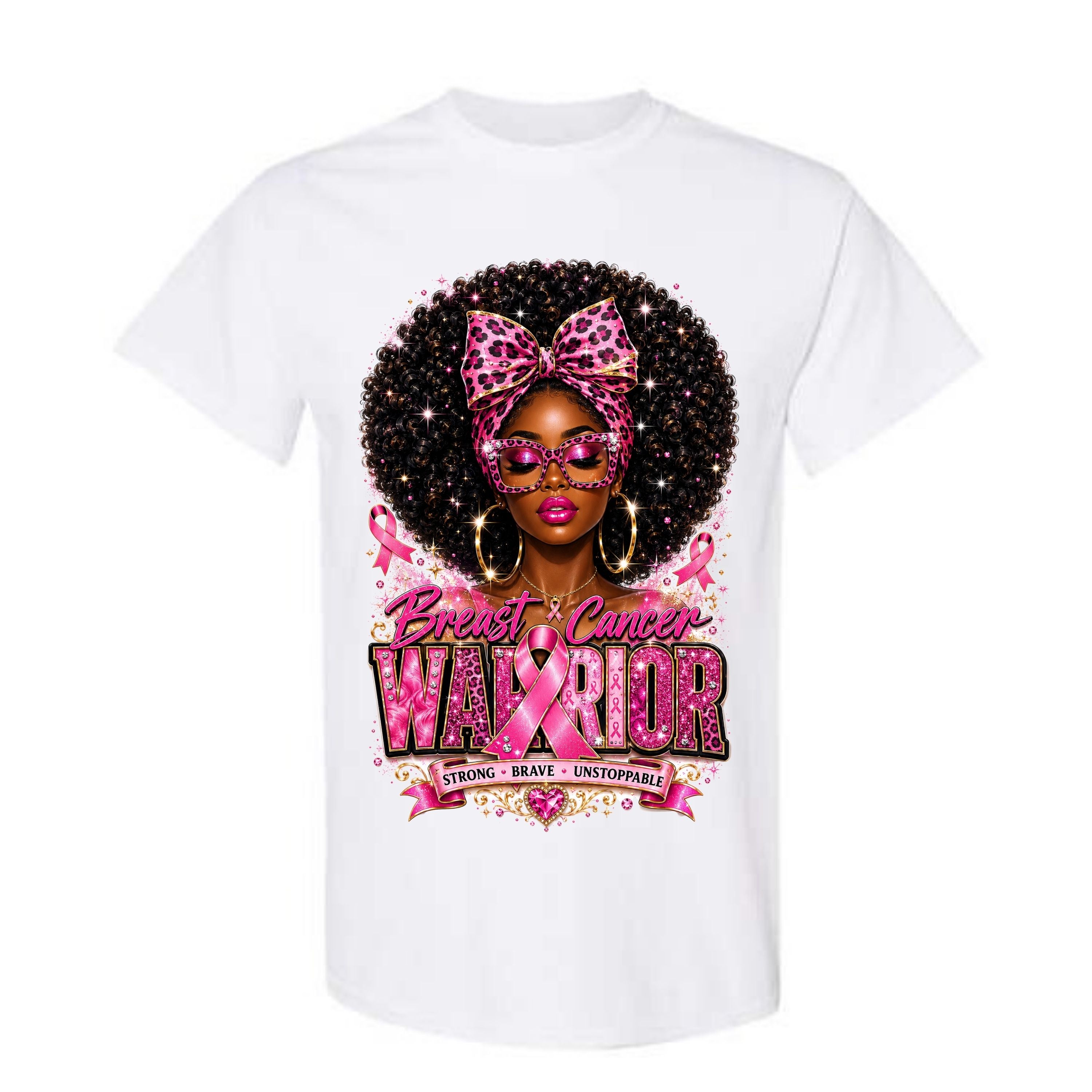 Breast Cancer Warrior T Shirt Breast Cancer Awareness Shirt Pink Ribbon Graphic Tee Leopard Bow Afro Girl Shirt Strong Brave Unstoppable Shirt Gift For Cancer Warriors