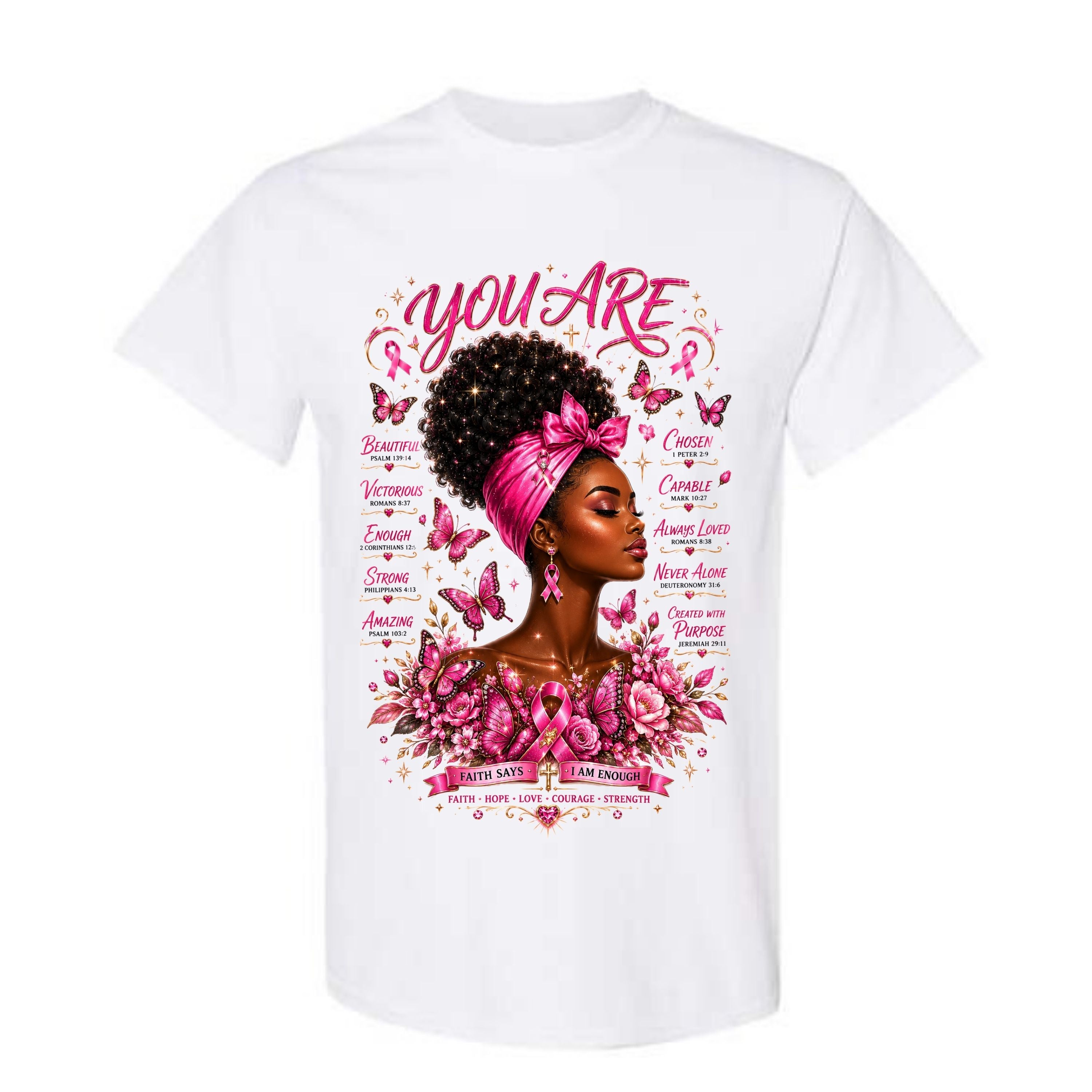 You Are Breast Cancer Awareness Shirt Faith Says I Am Enough Graphic Tee Pink Ribbon Butterfly Shirt Inspirational Christian Shirt Gift For Cancer Warriors